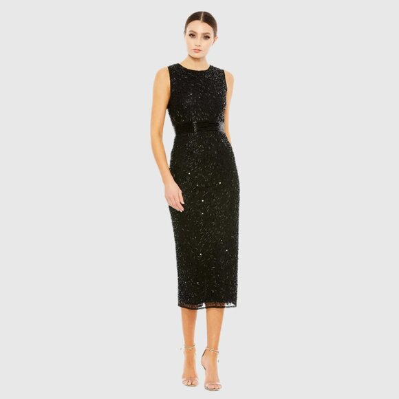 NWT Mac Duggal Geometric Embellished Sleeveless Sheath Dress Black 12 #A0077 - Picture 1 of 13